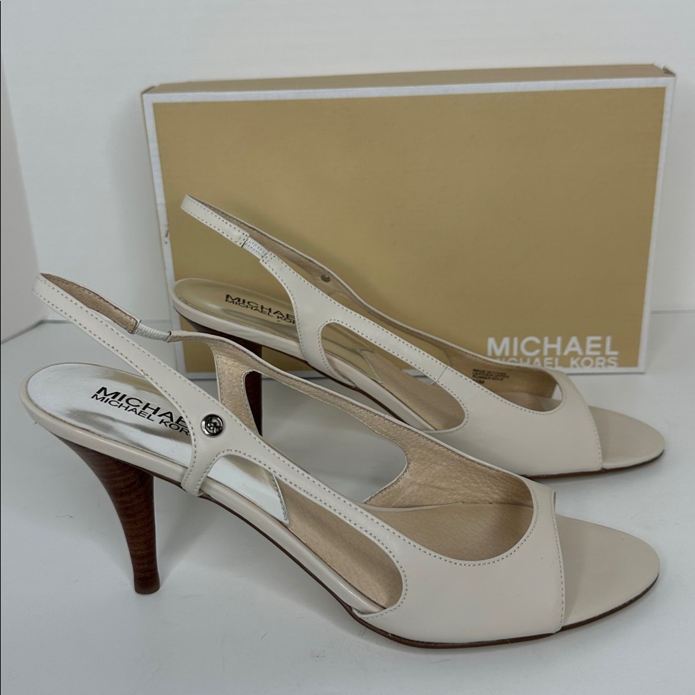 MICHAEL Michael Kors Women's Zoe Sling Peep Toe Heels Size 10M Vanilla Wood Heel - Picture 7 of 15
